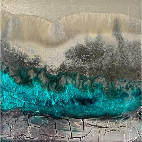 Peinture abstraite de Silvia Depaire, réalisée en "fluid painting" sans brosse ni pinceau. Cette peinture bleue et grise peut parfaitement convenir pour un cadeau de fête des mères